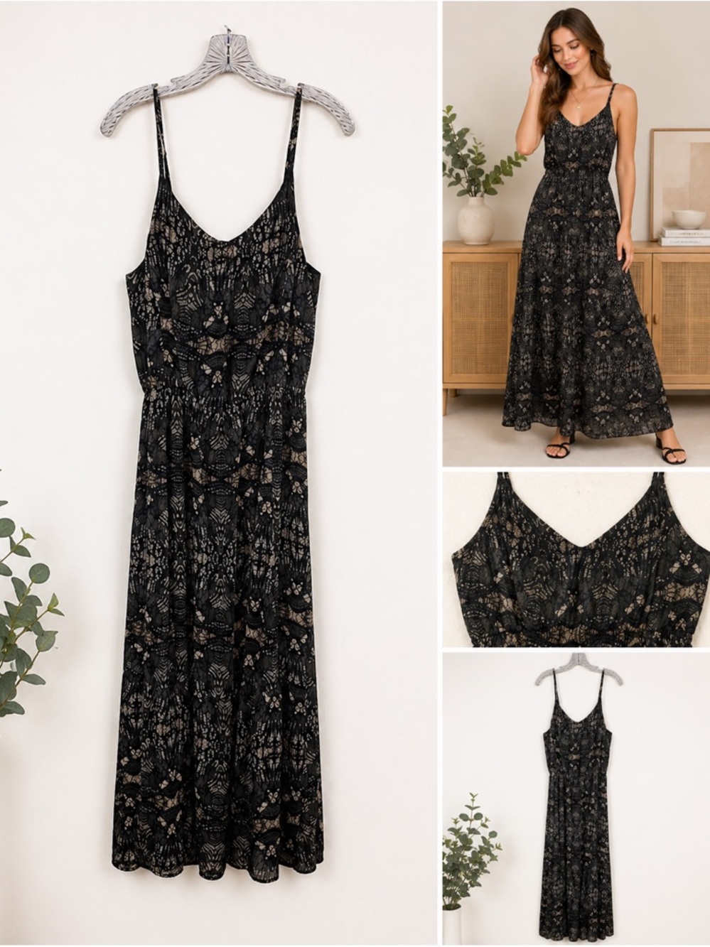 Caslon Black Gray Abstract Maxi Dress Adjustable Strap Sleeveless L